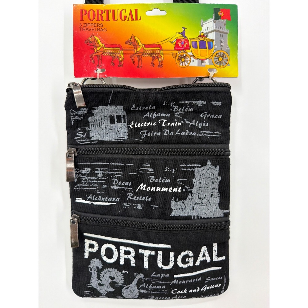 Portugal 3 Zipper Travel Bag Black Canvas Crossbody Waist Pouch New